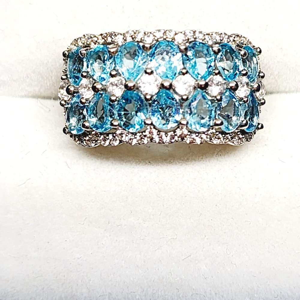 Natural Paraiba Apatite & White Zircon band ring in Plat/925 SS sz 6 3.25cts